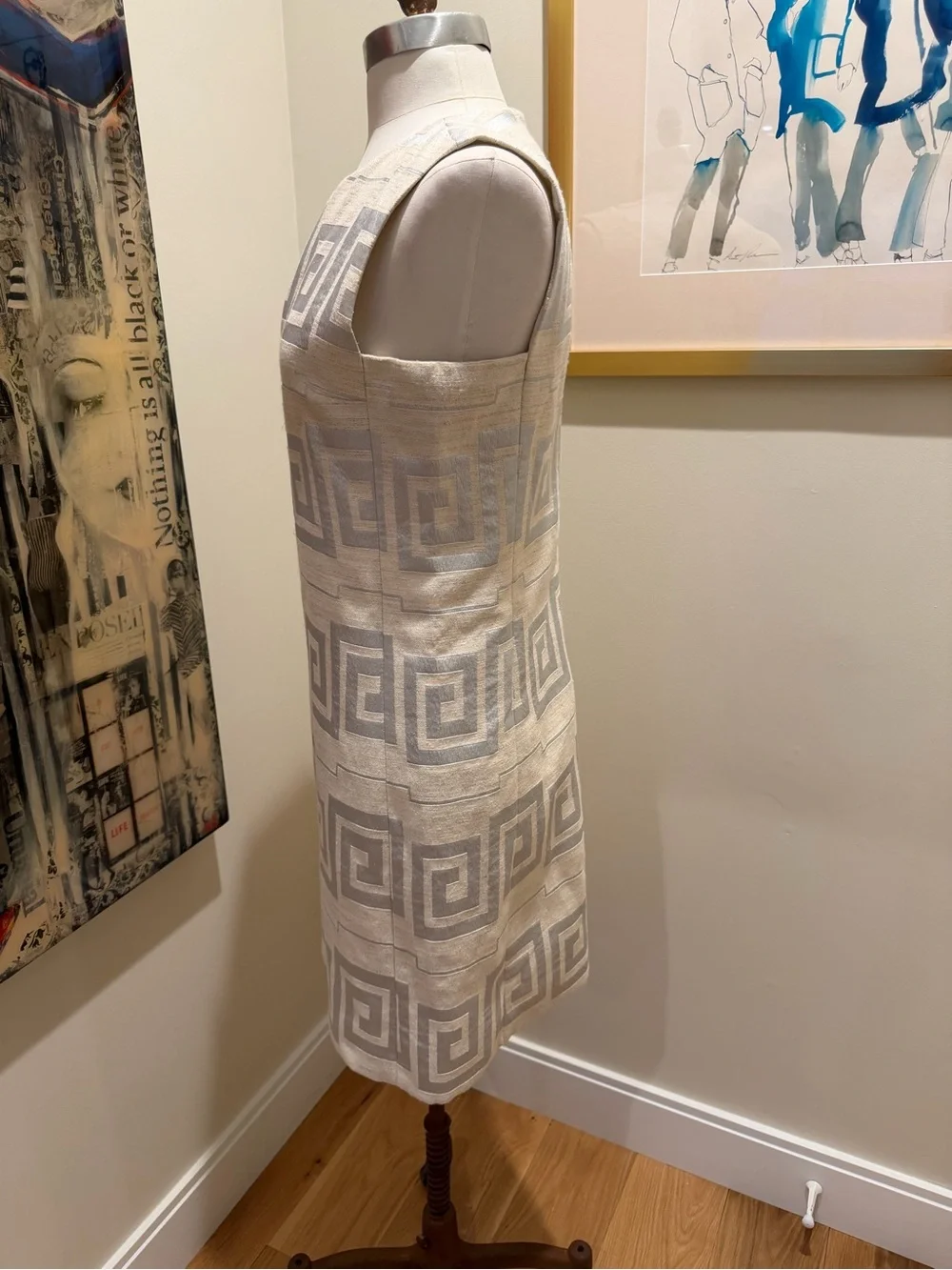 Tory Burch Cream Sleeveless Dress with Silver Greek Key Geometric Print